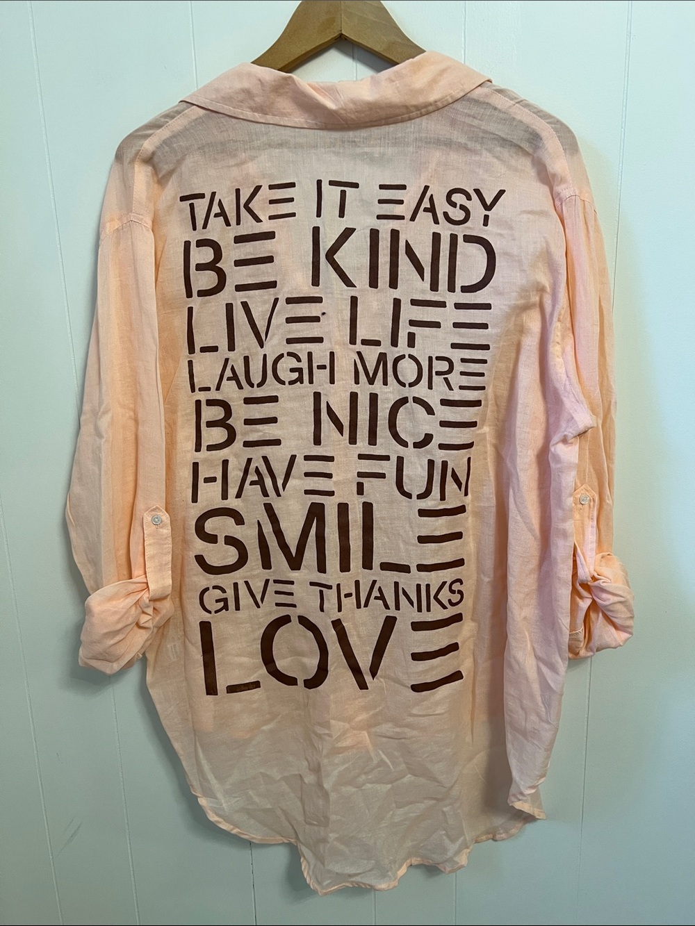 Sundry Peach Cotton Gauze Button Down Graphic Message Shirt Back Print Coverup 2